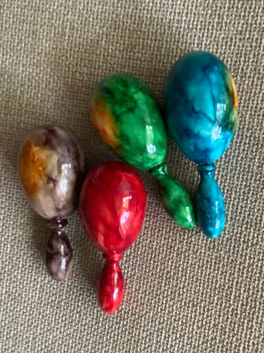 Vintage Mini Artisan Wooden Maracas Shakers Marbled Glossy Egg Set of 4
